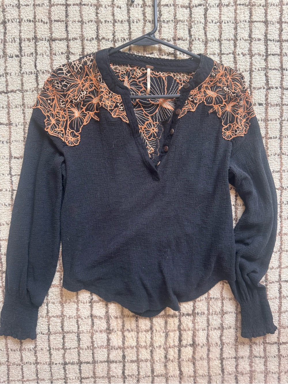 Free People Black Women's Long-Sleeve Top with Orange Floral Embroidery